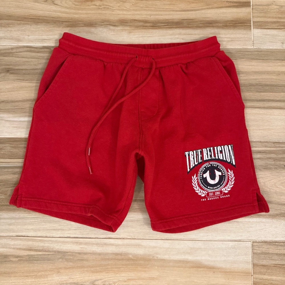 True Religion Mens Red Graphic Logo Fleece Sweat Shorts Buddha Horseshoe Logo